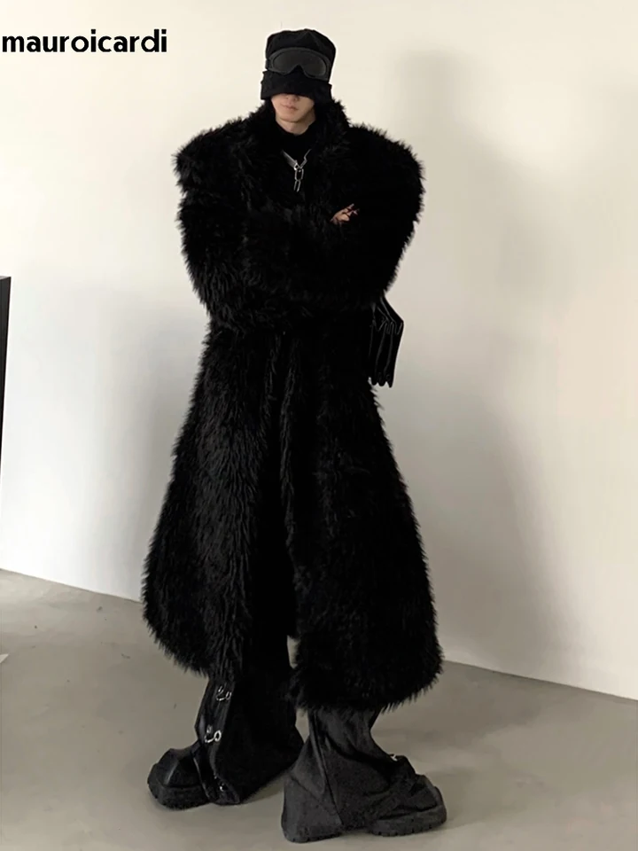 Mauroicardi Jeseň zimná zimná nadmerná dlhá čierna hustá hustá hustá mäkká fluffy faux líška kožušina muži luxusné dizajnér Furry kabát 2024