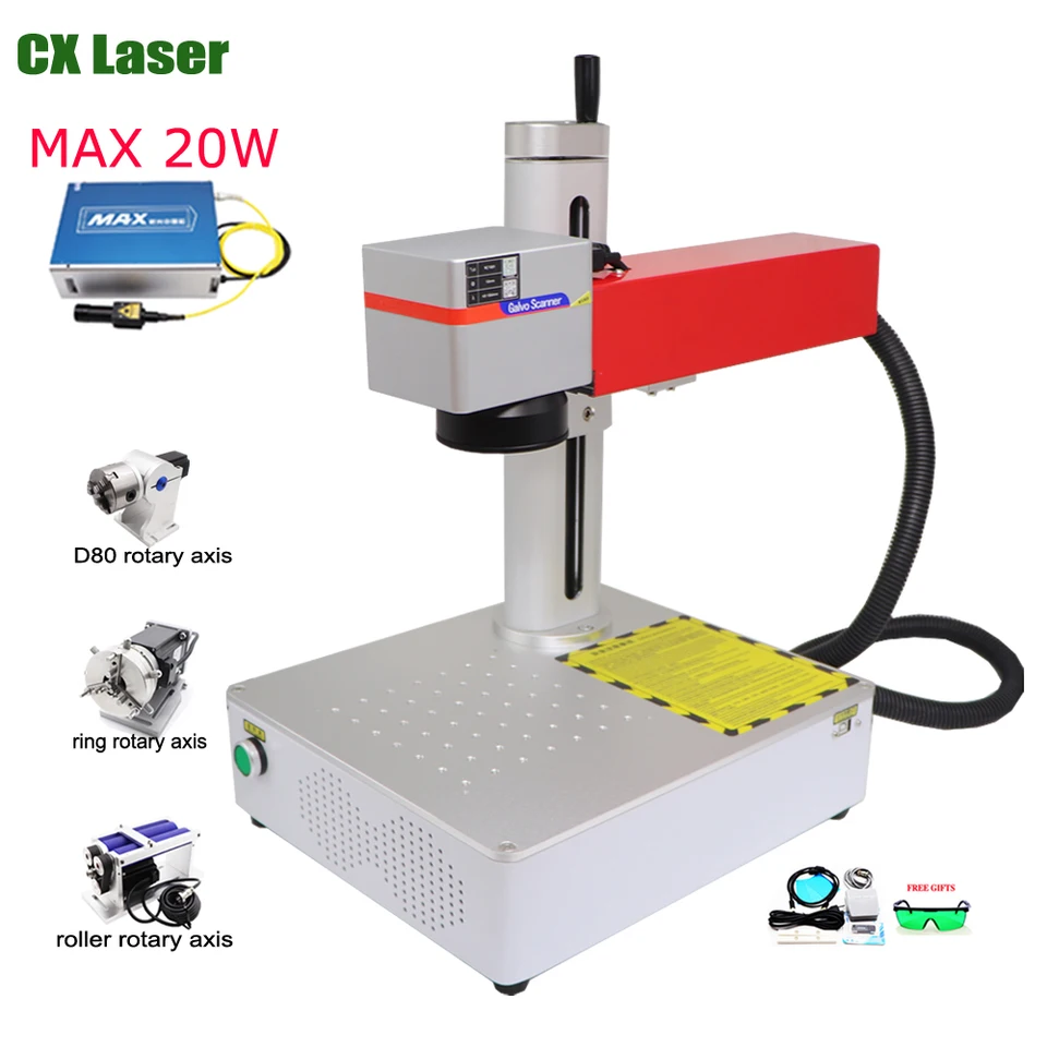 Max 20W Mini vlákno laserový štítok kovový znak kovový kovový šperk strieborný ryší marker s rotačnou osou voliteľný