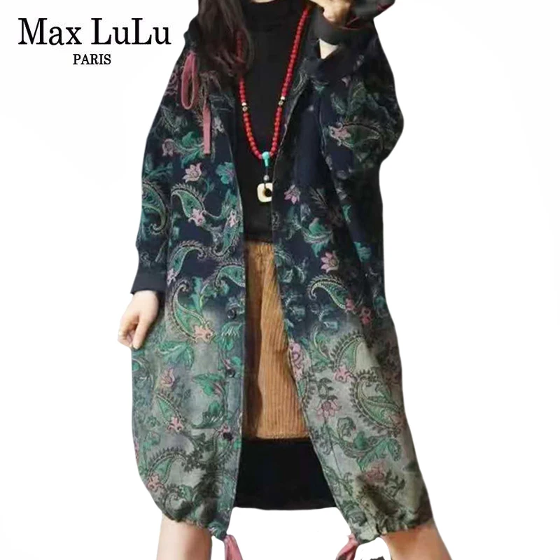 Max Lulu 2021 Vytlačené s kapucňou single Breasted Trench Women Loose Harajuku Windbreakers Autumn Long Clothes Ladies Punk Streetwear