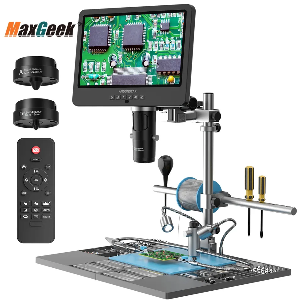 Maxgeek Andonstar AD249SM-Plus Trinokulárny digitálny mikroskop kompatibilný s HDMI s 10-palcovou obrazovkou + predĺžená základňa pre opravu DPS
