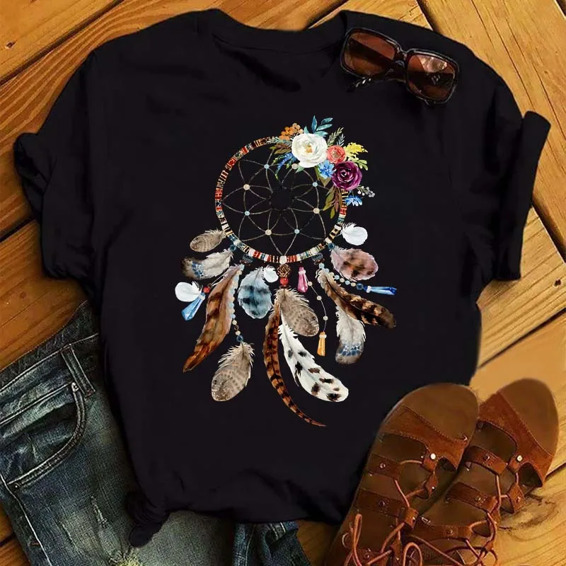 Maycaur Dámske leto s krátkym rukávom Dreamcatcher Feather Fashion Print Lady Tričko Top Tieko
