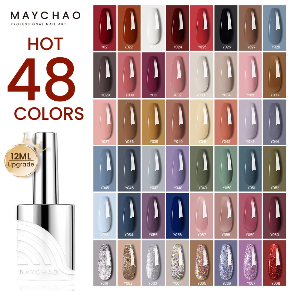 Maychao 12 ml jesenný zimný gél lak na nechty 48 farby Čisté želé Glitter Gel Base Base Top Coat Semi Trvalé namáčanie LED nechtového gélu