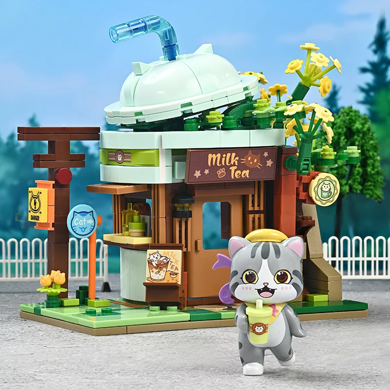 Mačiatko mlieko čajový obchod s koláčmi Obchod budova Bloky City Street View Strawberry Store Model Zostavte tehly hračky darčeky pre deti