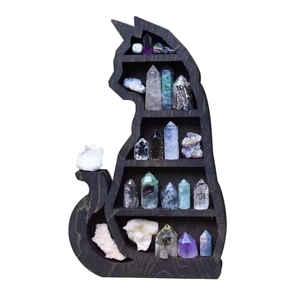 Mačka v mesačnej krištáľovej drevenej polici - polmesiac Moon Poličky pre kryštály Police? Esenciálny olej Art Gothic Witchy Room Ozdoby