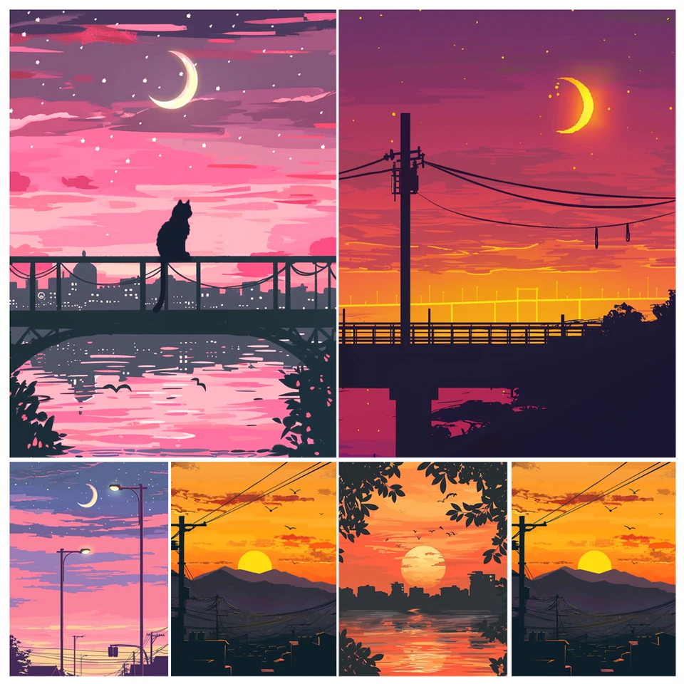 Maľovanie podľa čísel Dusk a Sunset Pink Sky Landscape Dospelá DIY Kit Acryl Paint Canva Artwork Darček Domov Ozdoby