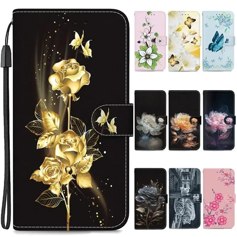 Maľované flip stojan pre Samsung Galaxy A53 A73 A33 A13 A23 A52 A72 A12 A22 A32 5G 5G Cover Cover Tiger Držiteľ karty Tiger Capa Tiger Capa