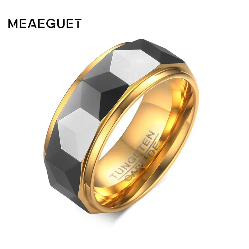 Meaeguet 8 mm prsteň so širokým fazetom Cut Geometric Tungsten Carbide Wedding Rings for Men Jewelry Male Aillos Bague USA Veľkosť 7-12
