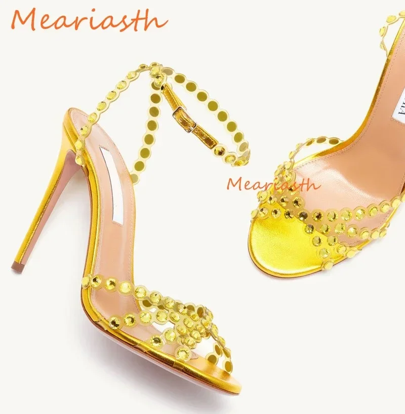Meariasthth žltý fialový bling blingový kryštál sandále tenké päty s vysokým podpätkom Strappy kamienok korálkové topánky BRIDE BRIDE Shoes Leskiny šperky