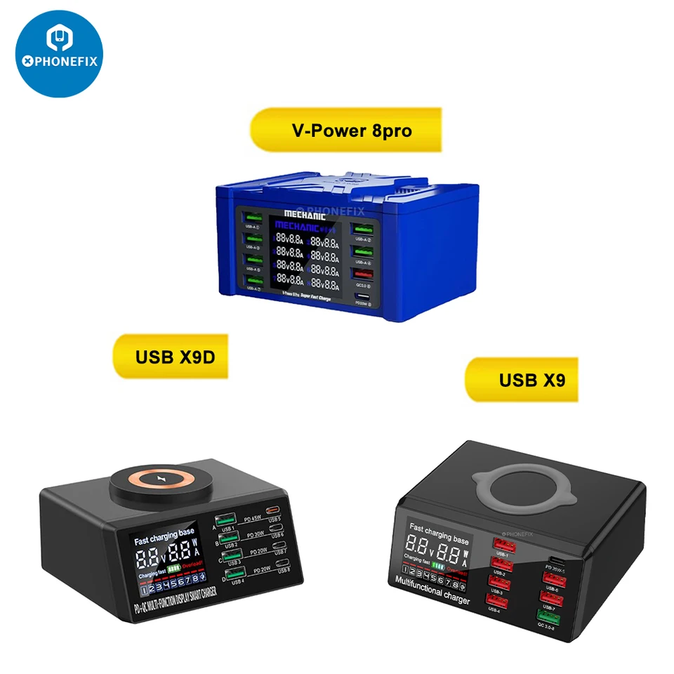 Mechanic V-Power 8PRO USBX9 X9D 8 portov Super rýchla nabíjačka LCD Digitálny displej bezdrôtového nástroja QC3.0 Mobilný telefón Rýchle nabíjanie