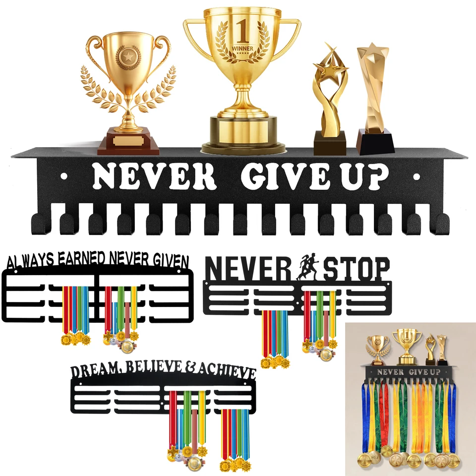 Medal Hanger Display Rack na stenu Mount Metal Trophy Rack Ribbóny medaily zobrazujú vešiak s inšpiratívnymi slovami pre futbalový závod
