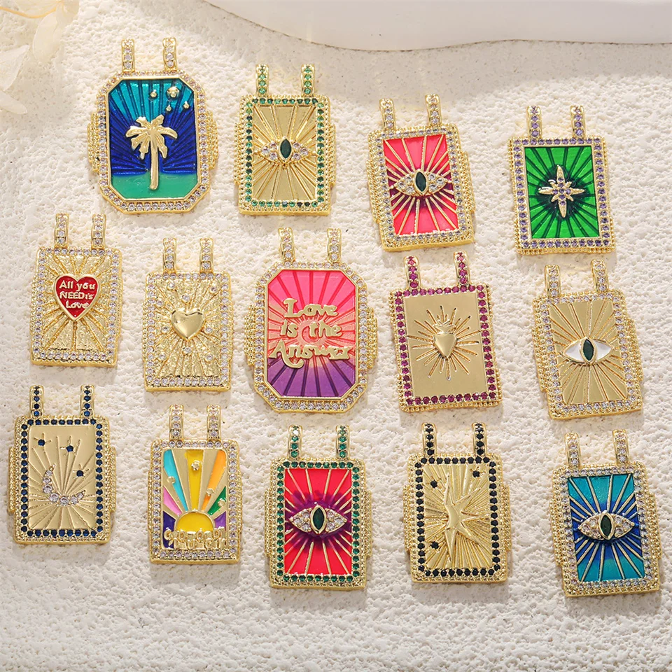 Medený zlatý retro tarot Card Square Pendants Star Sun Rainbow Eye Love DIY šperky doplnky Mesiac List Srdce kúzla