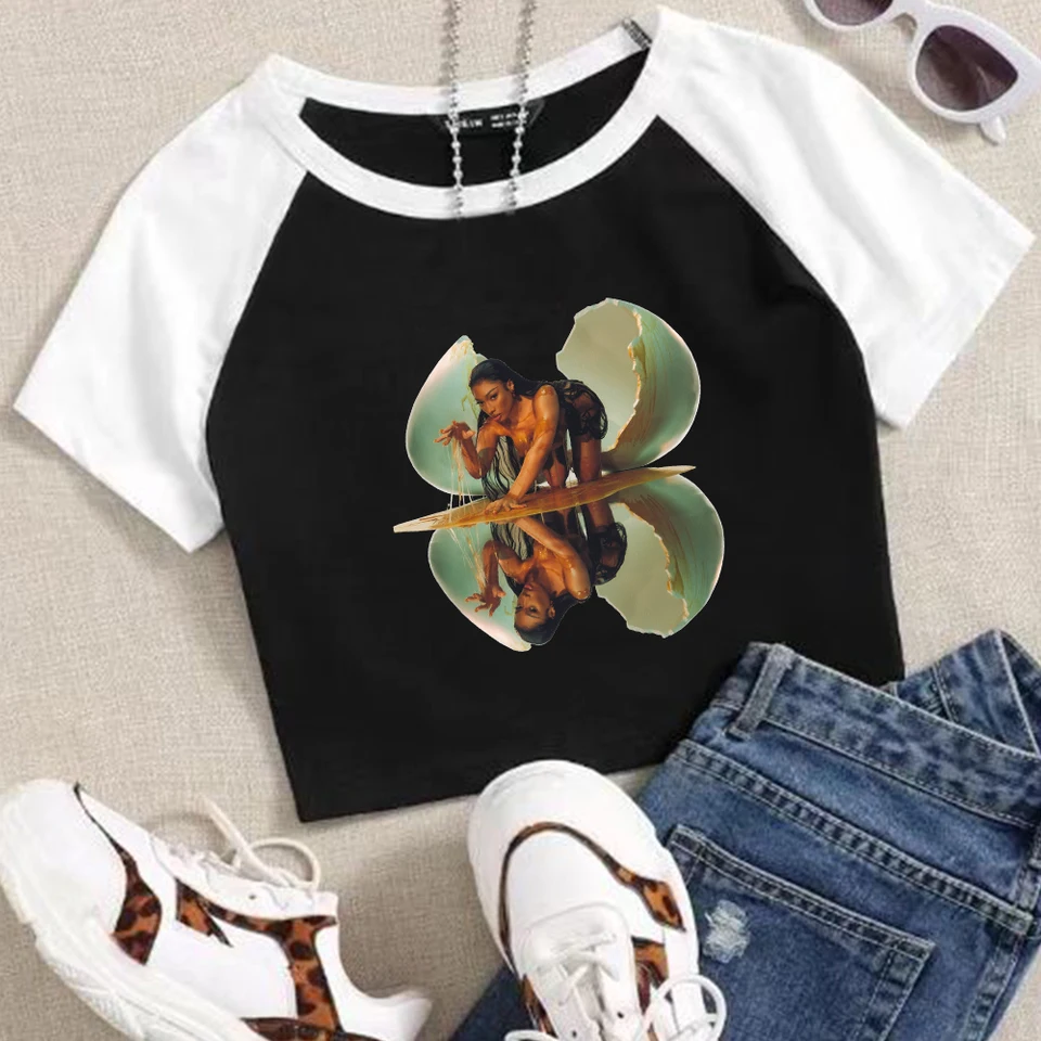 Megan Thee Stallion Mamushi Crop košeľa Streetwear O-Neck Exponponovaná košeľa