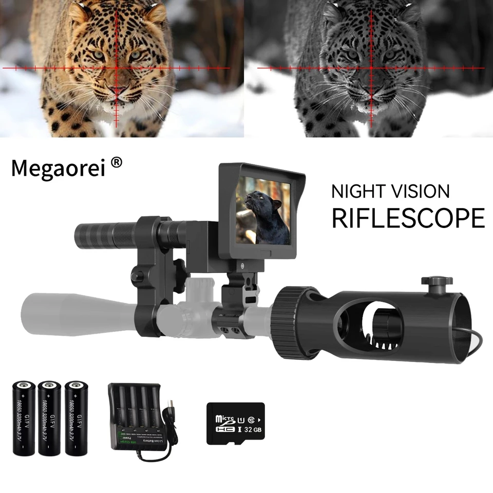 Megaorei Night Vision Riflescopes HD 720p Video/nahrávanie fotografií Deň/noc 4,3 palcový displej 200-400 m 850 nm laser IR na poľovníctvo