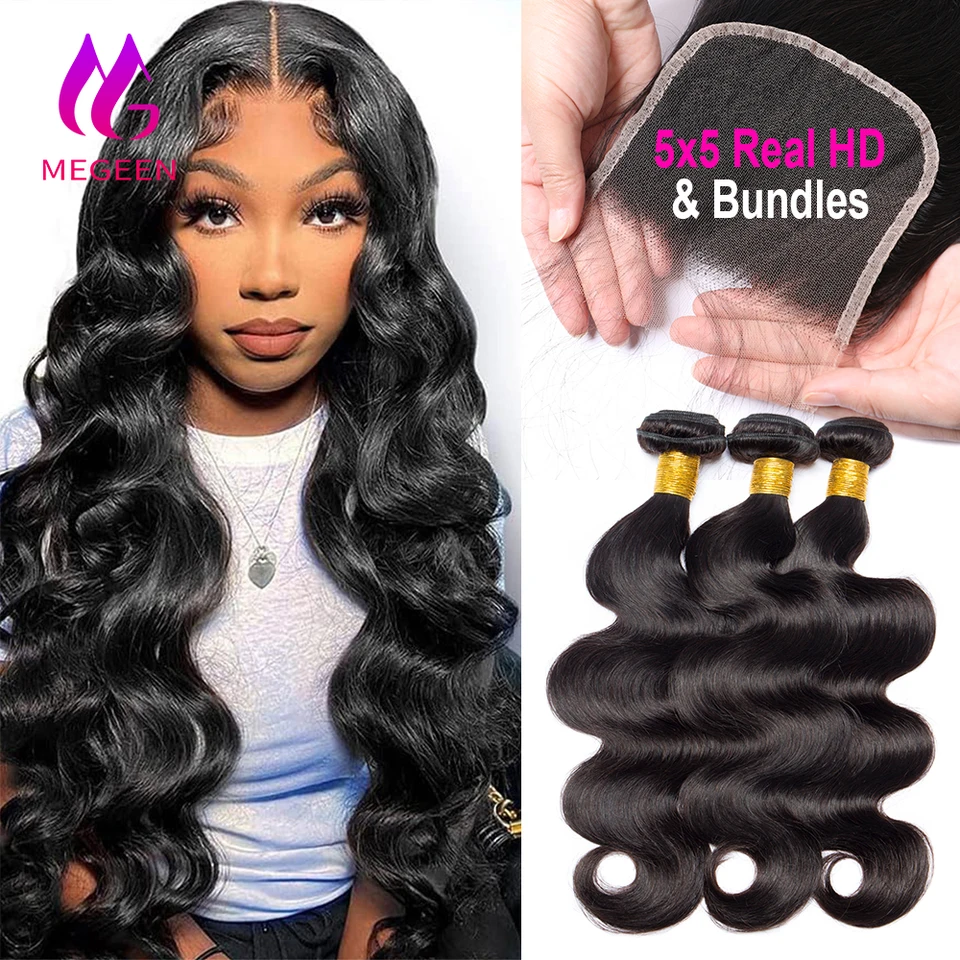 Megeen Real HD Lace Uzavretie s zväzkami Body Wave 12A Barmská väzba predlžovania vlasov s priehľadným čipkovým zatvorením 5x5