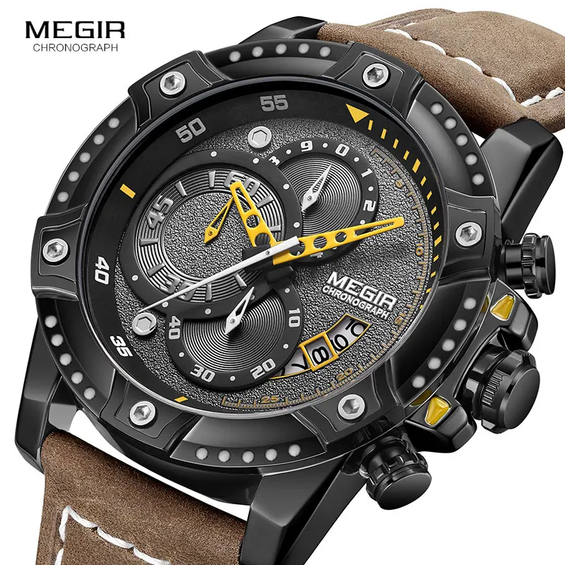 Megir Casual Watch Men Top Brand Luxury Chronograph Quartz Zápraty kožené remienok Army Sport Watches Relogios Masculio 2130