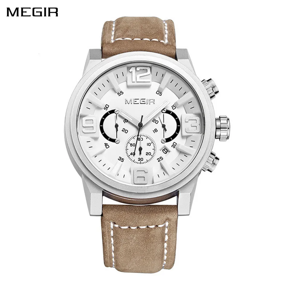 Megir Fashion Quartz Watches s 48 mm veľkým vytáčaním luxusných kožených mužov Športové náramkové hodinky Vodotesný kalendárový chronograf