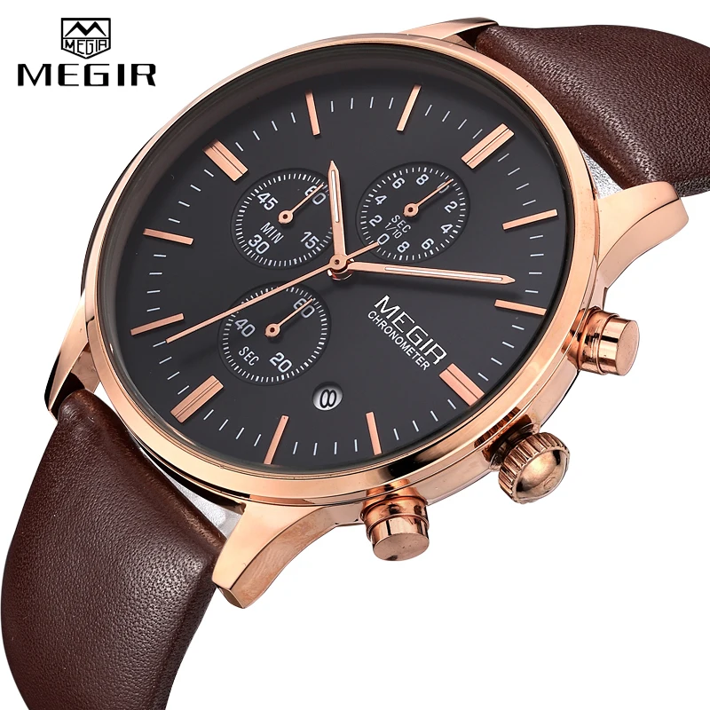 Megir Luxury Casy Men hodinky kožené remienok Quartz Chronograf Top Brand Watch Military Šport muži Relogio Feminino Witerproof