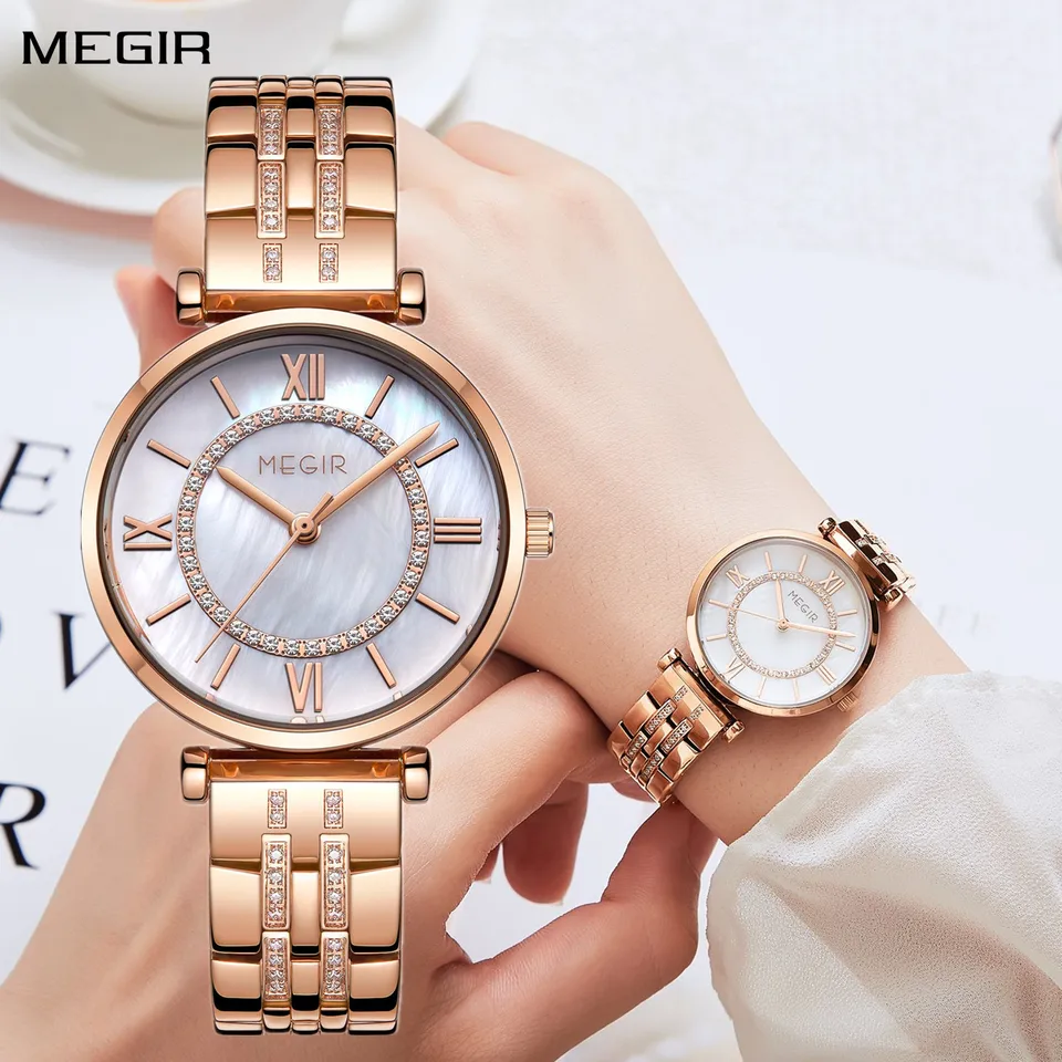 Megir Luxury Women náramok Quartz hodinky z nehrdzavejúcej ocele Vodotesné ženské šaty zápästie hodinky Dámske dámy Montre femme