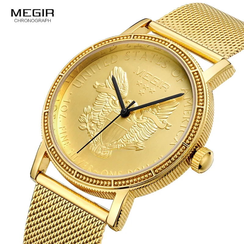 Megir Mens Fashion Gold Quartz Watchses Watches Round Dial Dial z nehrdzavejúcej ocele Formálne šaty náramkového hodinky pre muža 2032