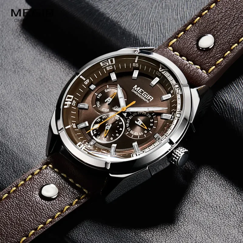 MEGIR Pánske vodotesné Quartz Watches Svetlá kalendár Týždeň 24 hodín Príležitostné analógové náramkové hodinky pre Man Brown 2072GBN-10