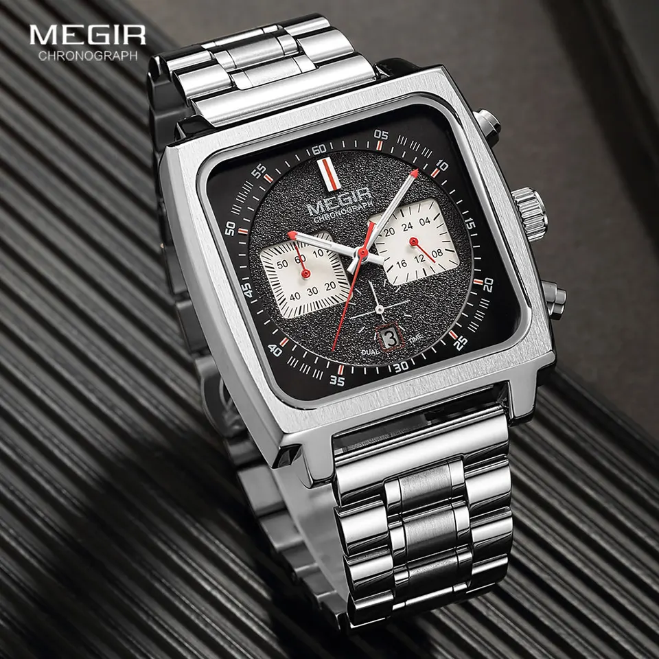 Megir Square Dial Quartz Watch Men z nehrdzavejúcej ocele Chronograf Chronograph Sport Wristwatch s dátumom žiarivých rúk 24-hodinový ukazovateľ