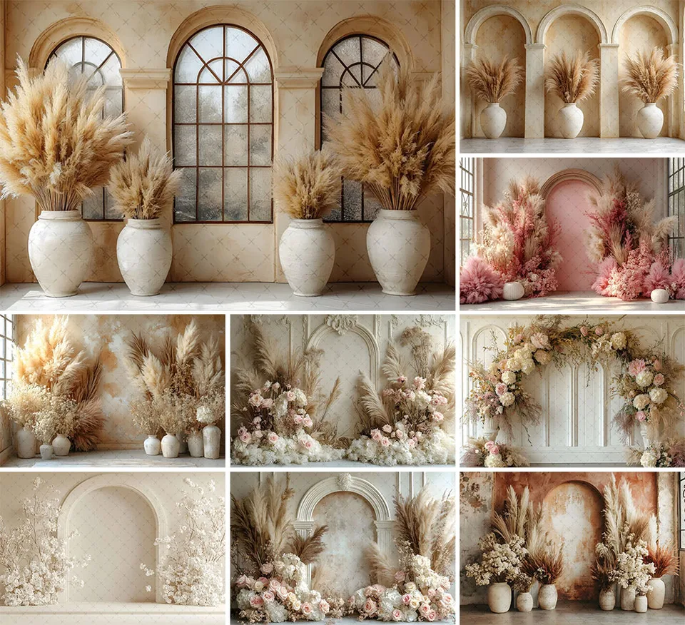 Mehofond Photography Pozadie boho pampas trávne kvetinové dospelé narodeniny svadobné materstvo portrét dekorácie pozadie fotografické štúdio