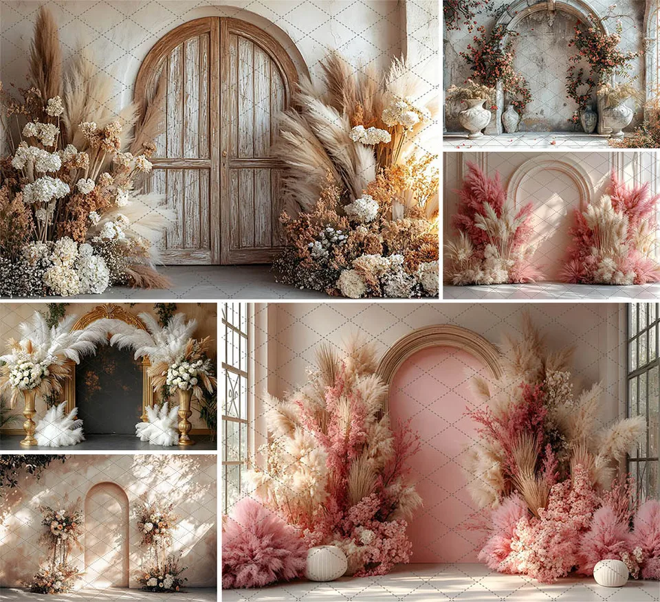 Mehofond Photography Pozadie kvetinové boho elegantné pozadie materský portrét portrét červený kvet západ slnka béžové béžové pampas svadobný fotozón