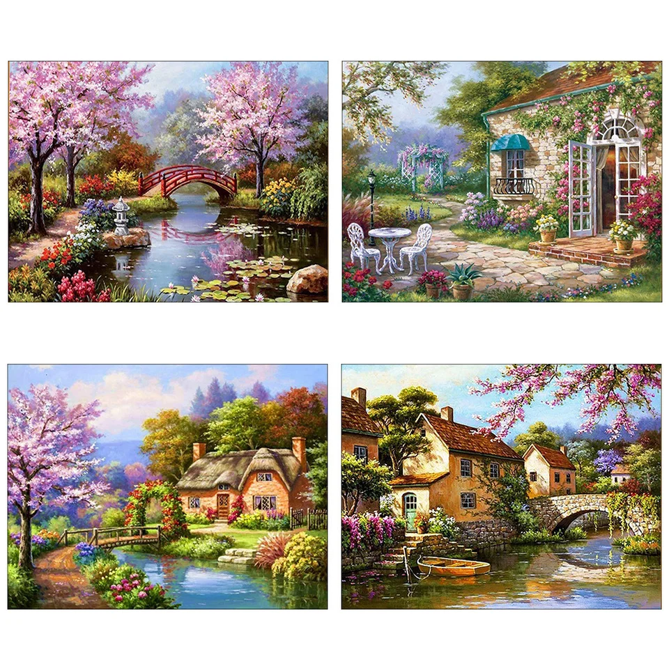 MEIAN KRASOVÉ KRIČOVÉ KRIČOVÉ SATIKY KARTOBY DOMY Stream Čerešňový strom Dream Decor Decor Painting maľba výšivky DMC tlačené plátno