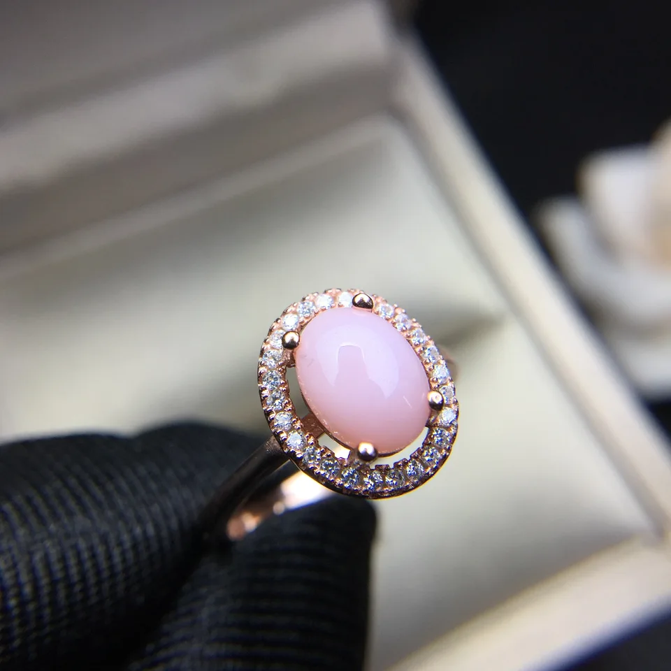 Meibapj 6 mm*8 mm prírodný ružový opál Gemstone Fashion Prsteň pre ženy Real 925 Sterling Silver Charm jemné svadobné šperky