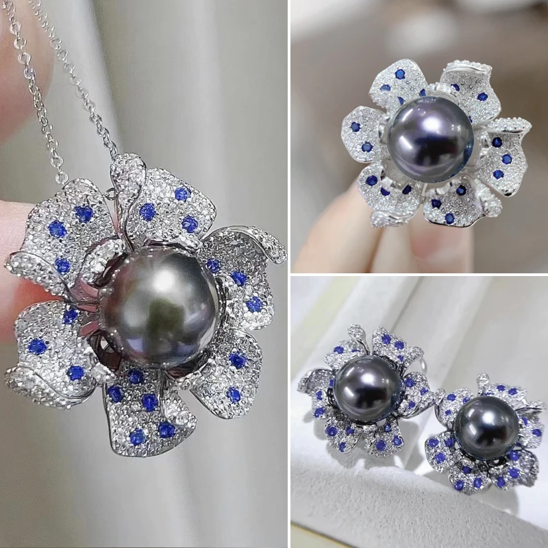 Meibapj Natural Black Pearl Flower Blue Zircons Jeca