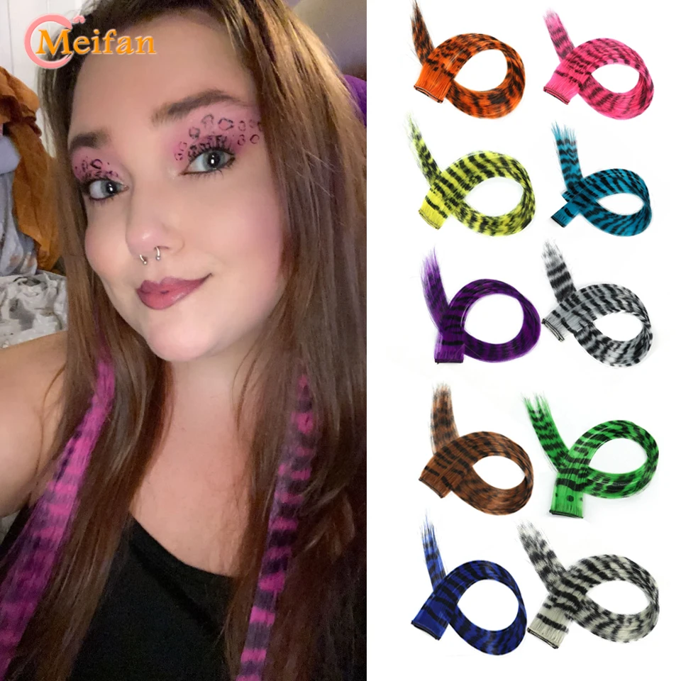 Meifan farebný perie Syntetický falošný klip na vlasy v jednom kusovom prílohe predĺženie pre ženy Cosplay Party Y2K štýl