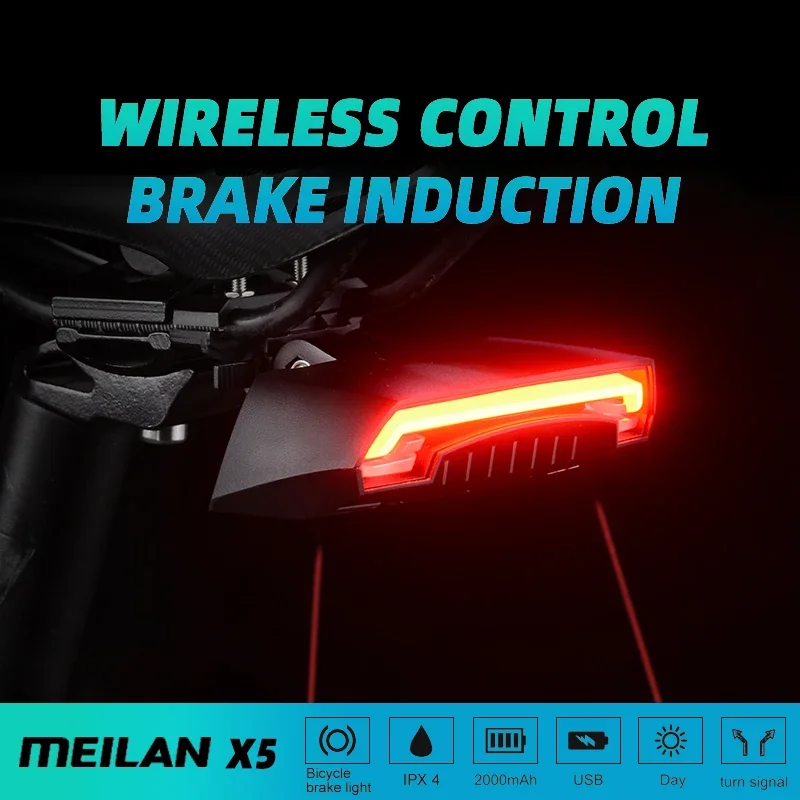 Meilan X5 Bezdrôtové bicykle bicykel zadné svetlo laserová zadná lampa inteligentná brzda USB Nabíjateľné cyklistické príslušenstvo diaľkové otočenie LED diódy
