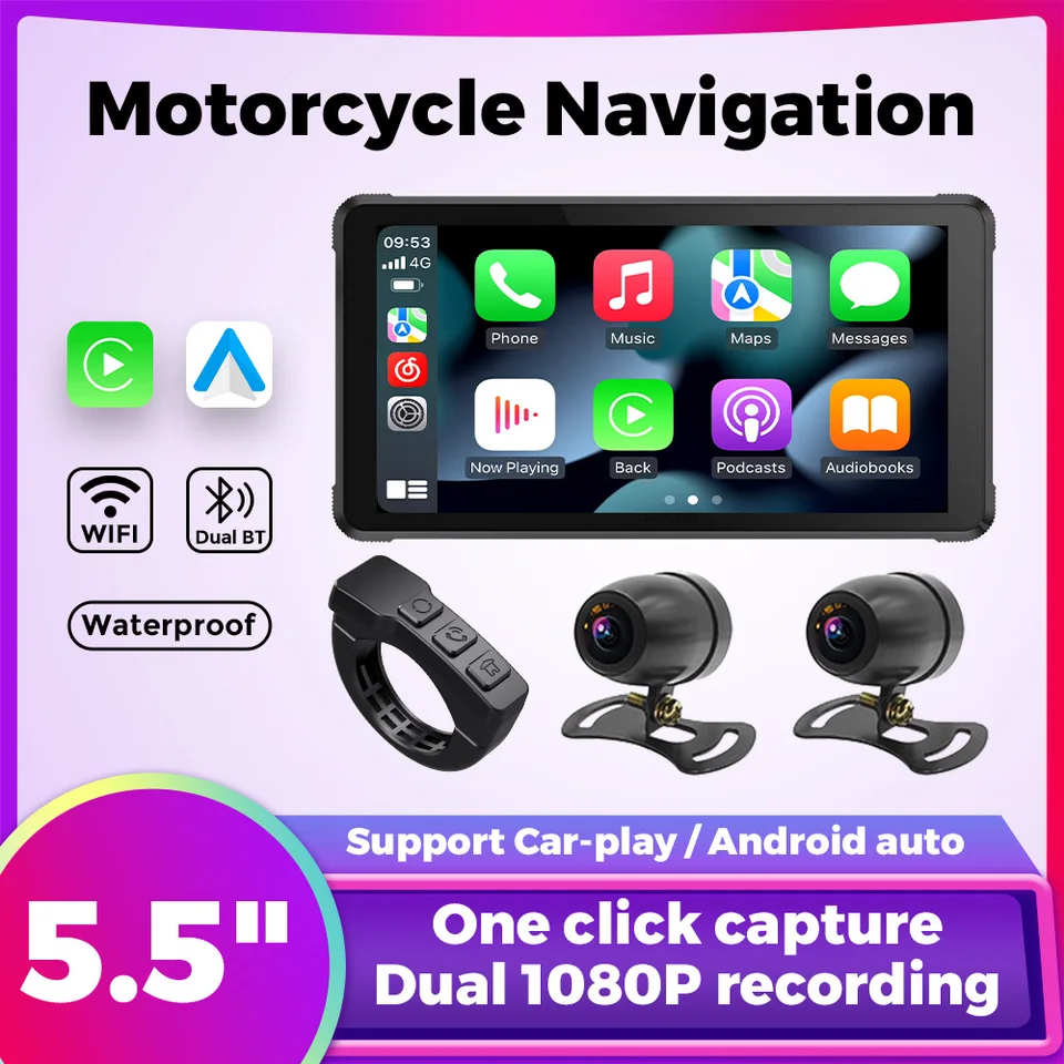 Mekede 5.5inch Dual BT Motorcycle navigačná obrazovka Wireless CarPlay Android-Auto IPX7 nepremokavá WiFi BT 5.0 Typ-C TF