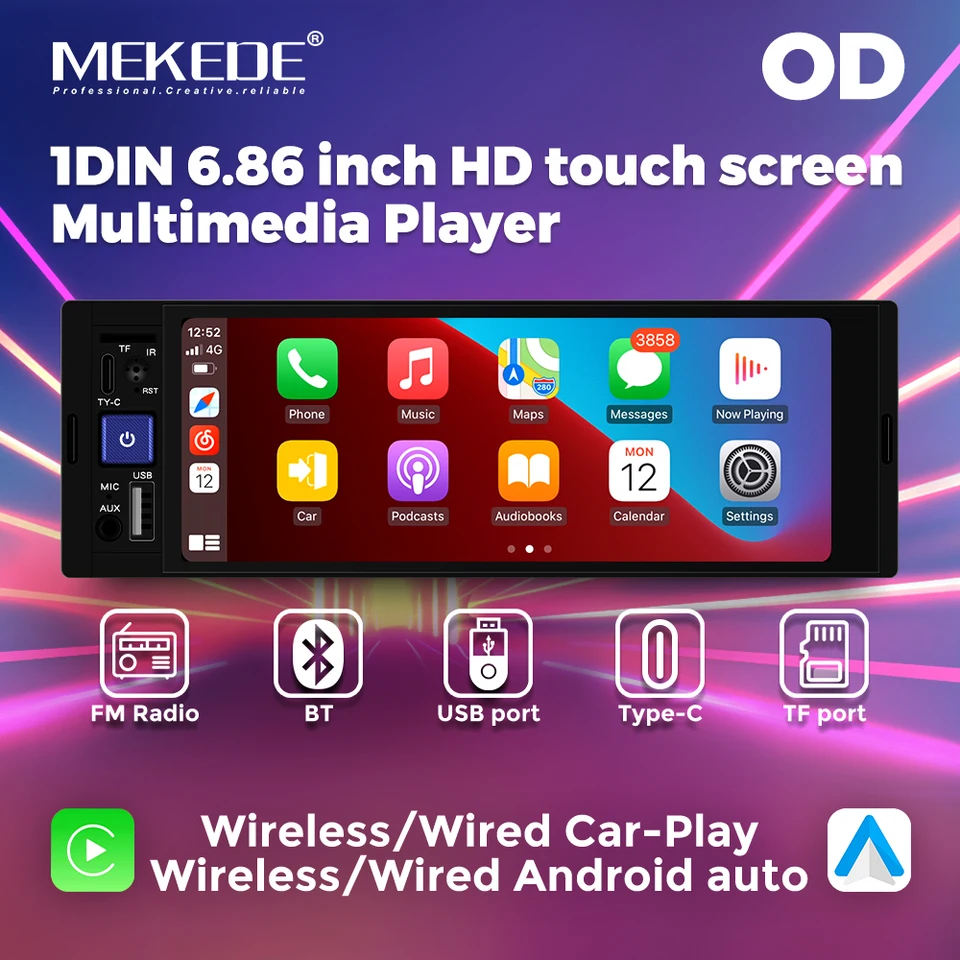 Mekede 6.86inch dotyková obrazovka OD1/2/3 Multimediálny prehrávač pre autá podporuje CarPlay Android Auto USB TF Solt AUX SWC