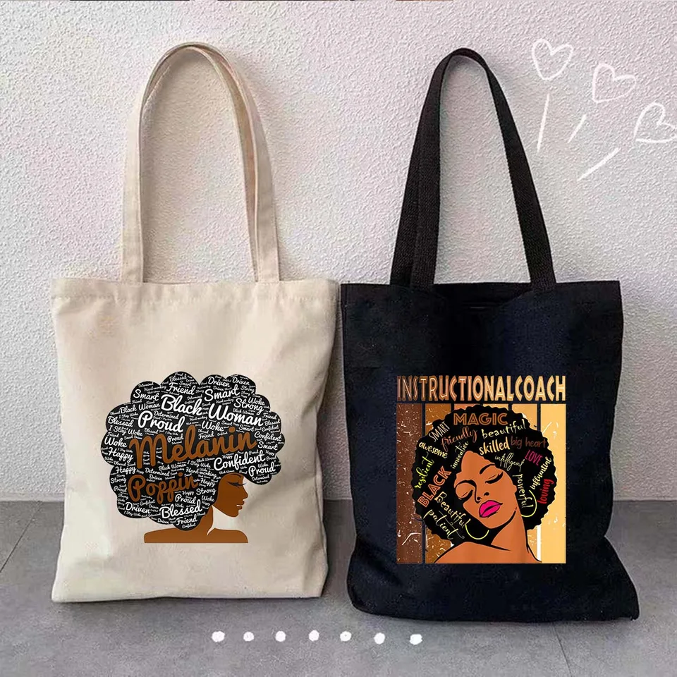 Melanín nakupujúci tote taška African American Woman rameno taška afro čierna dievča Magic satchel kabelka pre nákupné pracovné obchody s potravinami