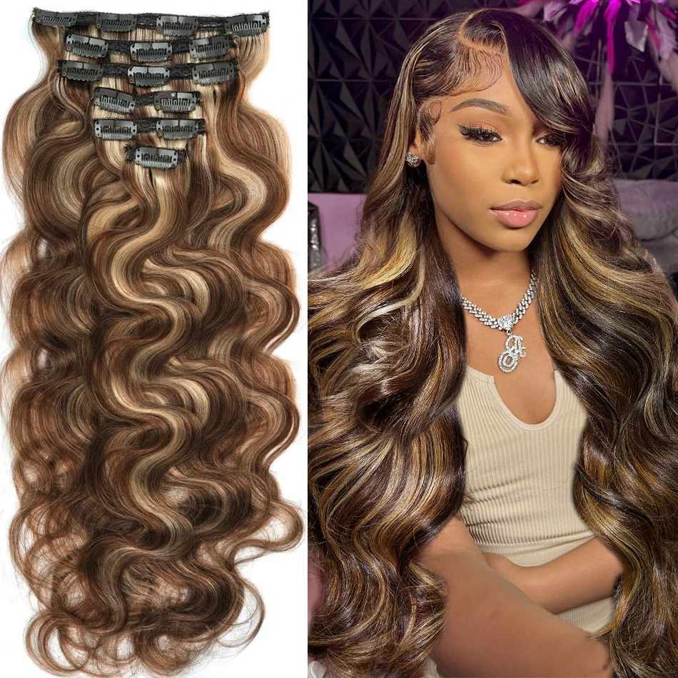 Melodie zvýraznenie blondínka tela vlny sponky v predĺžení vlasov ľudské vlasy 120 g/SEP Clip In Vhradenie úplnej klipovej klipky Hair Extension