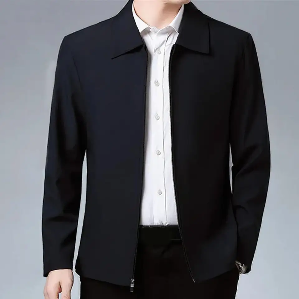 Men bunda elegantná bunda pre klopy v strednom veku s vreckami na zips
