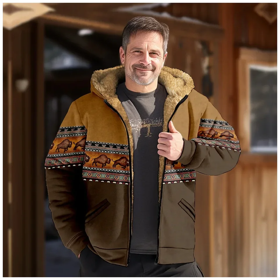 Men Jacket Mardigans Native Aztec Buffalo Coats Festival Vytlačený hrubý vonkajší lovecký fleecu zimné príležitostné odevy na streetwear