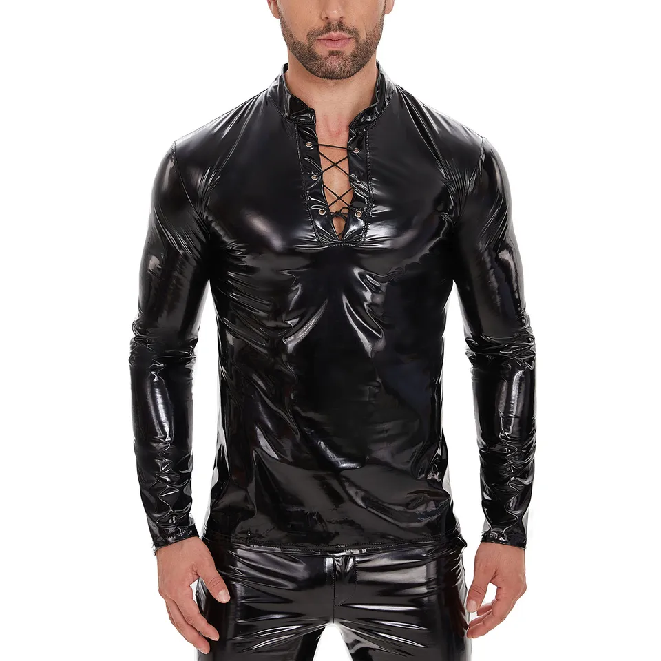 Men PU kožené PVC Tričká O-NECK s dlhým rukávom lesklé lesklé latexové gay tričká gotické streetwear košele nočný klub pullover 7xl