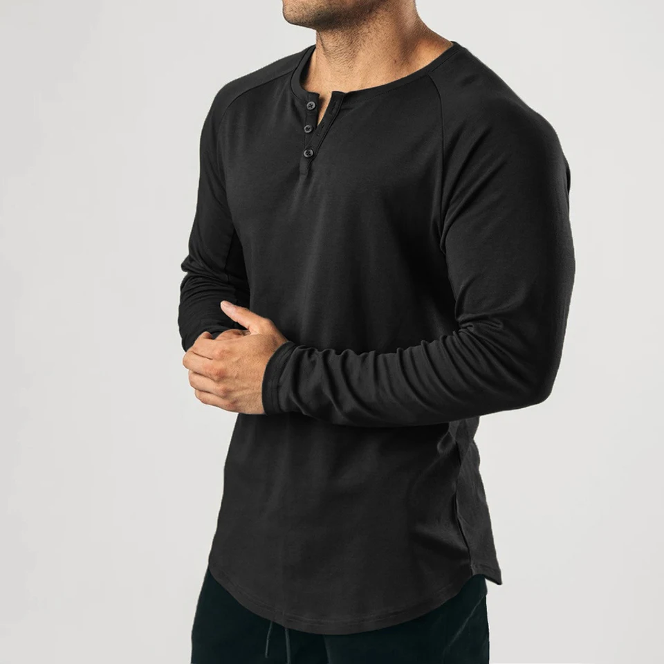 Men \\\ 's gombíkom dole tričká ležérne s dlhým rukávom Henley Grand Top Solid Color Tee Čierna biela tmavo modrá tmavo marhuľová marhuľa