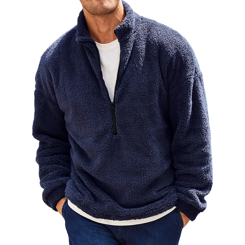 Men s jeseň fleece štvrť zips pullover Solid Color stojan s dlhým rukávom fuzzy šerpa teplá mikina
