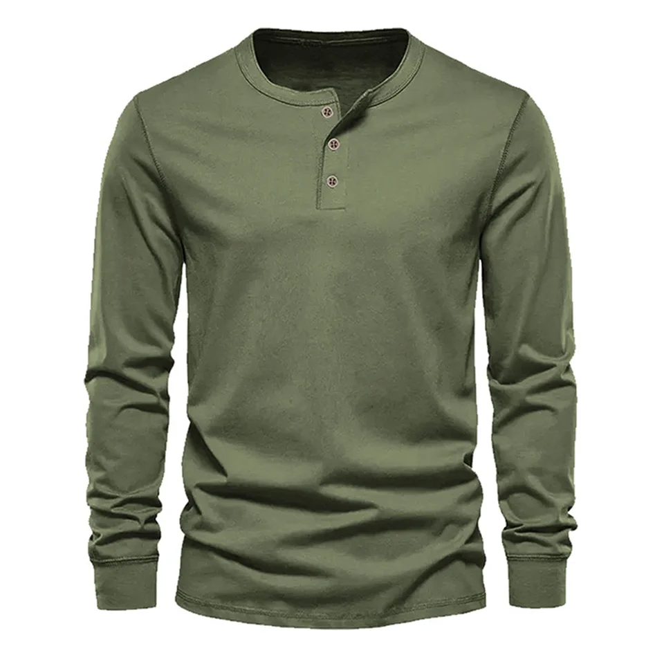 Men solídny s dlhým rukávom Henley Collar T tričko Príležitostný a mäkký pulóver v svetlo zelenej pre outdoorové aktivity