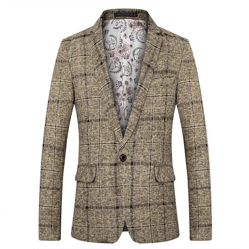Mens Blazer 2024 Boutique vlnený oblek / Mužský obchodný koleno Plaid Slim Fit Party Dress Blazer Coat Fashion Casy Men Obliekanie