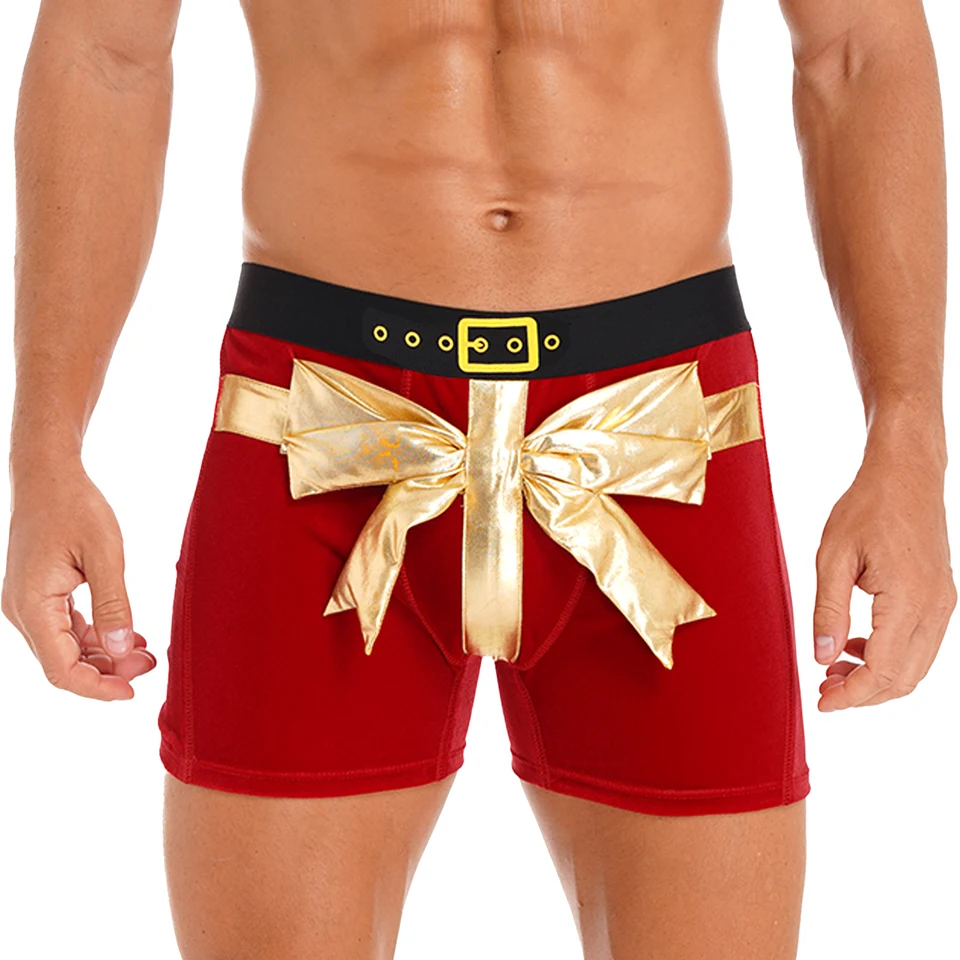 Mens Bowknot zamatový boxer stručný vianočný vianočný Santa Claus Téma kostým party vtipný široký elastický pás šortky nohavičky spodná bielizeň
