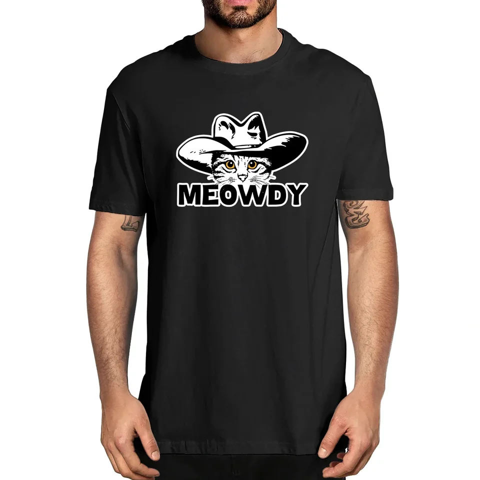 Meowdy Funny mashup medzi Meow a Howdy Cat Meme 100% bavlnená letná mužská novinka nadmerne nadmerne