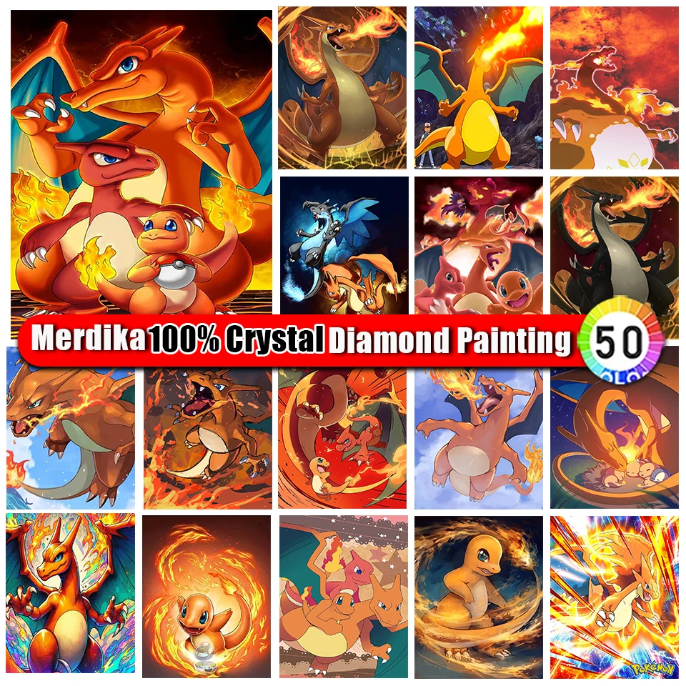 Merdika 100% Crystal Diamond Painting Anime Kit Cartoon Pokemon Dragon Cross Stitch Diamond Mosaic Domov Darná dekorácia Darček Nový 2024