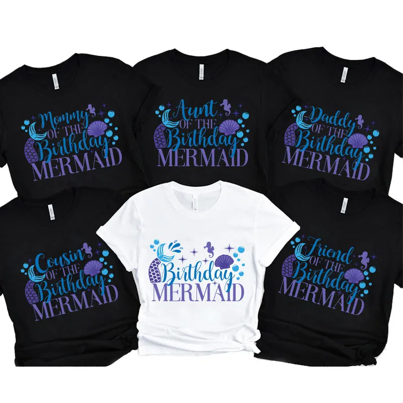 Mermaid Girls Birthday Partyt-Shirt, roztomilé letné grafické tričko pre rodičov a deti, unisexové tričko s krátkym rukávom pre rodinnú párty