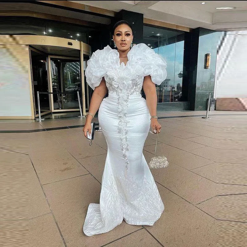 Mermaid Long Ruffles Lace Lace Birthday Prom šaty plus veľkosť africké ženy večerné šaty Elegantné biele saténové šaty