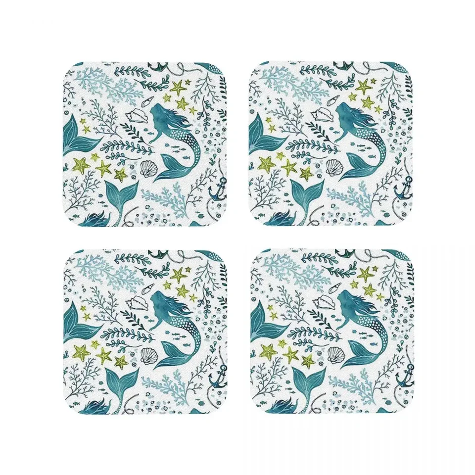 Mermaid Ocean Light Coasters kuchynské prestieranie vodotesné izolácie šálky kávových rohoží pre dekorácie domáce riadové podložky sada 4
