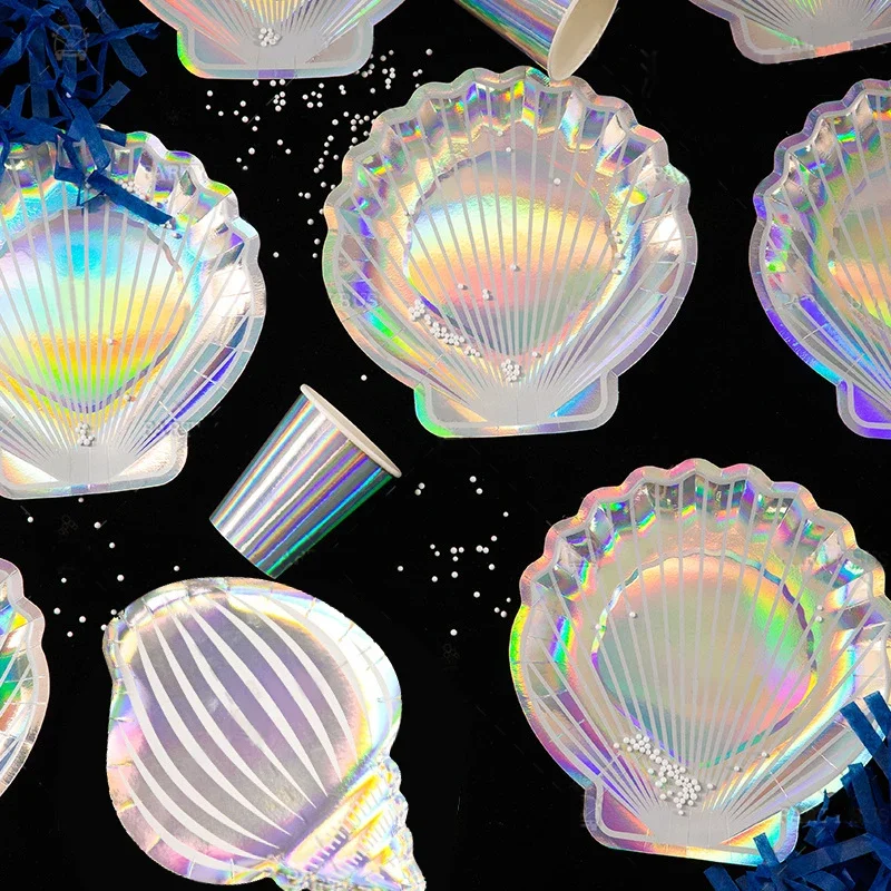 Mermaid Party Farebná škrupina jednorazový riadový riad pod morskou párty malá morská panna dievčatá 1. narodeninová oslava dekor